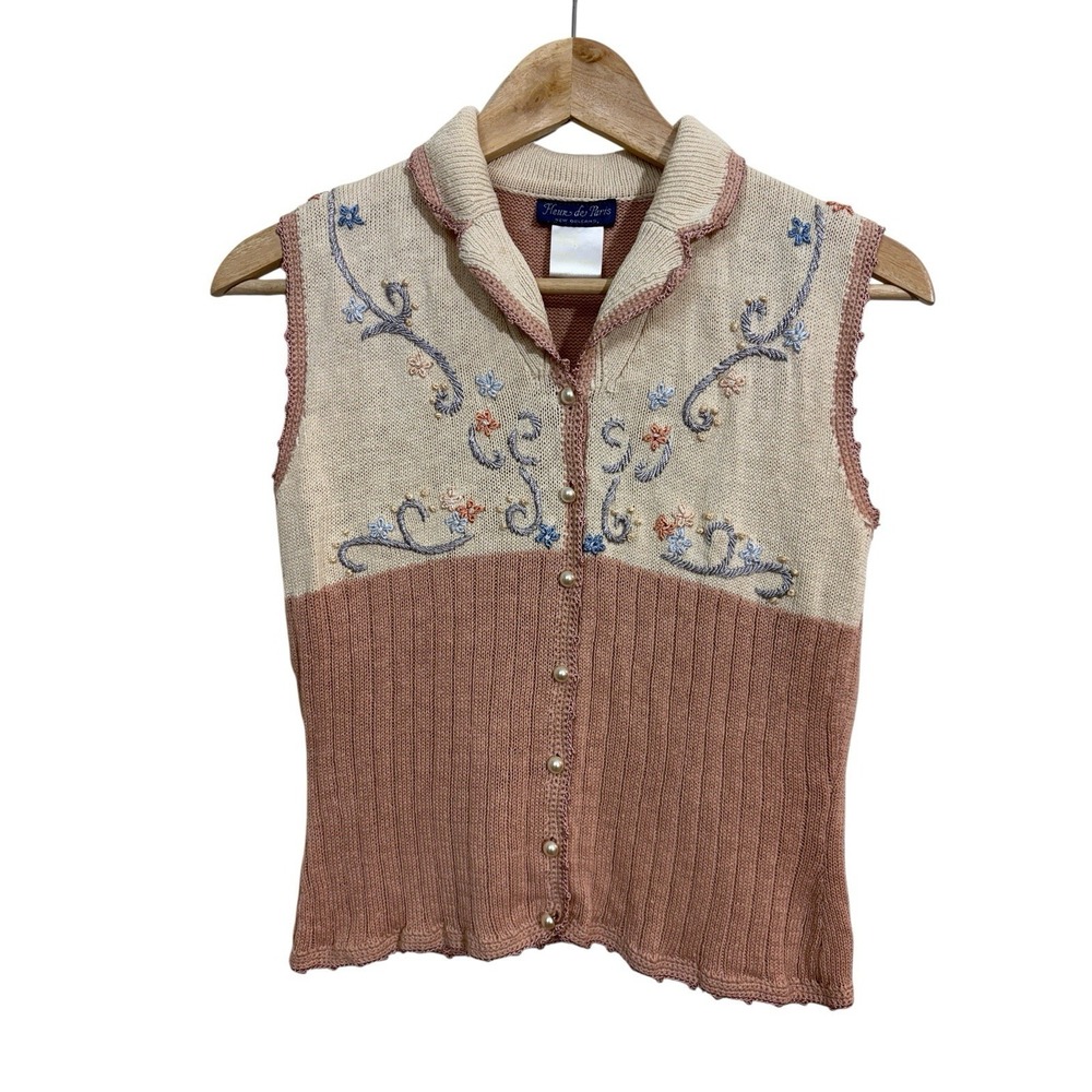 Vtg Fleur De Paris Knit Vest Top Embroidered‎ Pearl Button Sz S Coquette